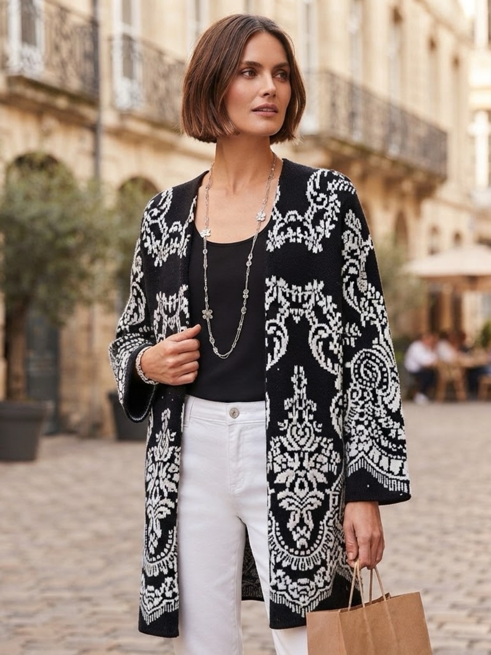 J Jill Sz 3X Kimono Open Front Heavy Weight Black White Duster Cardigan Sweater